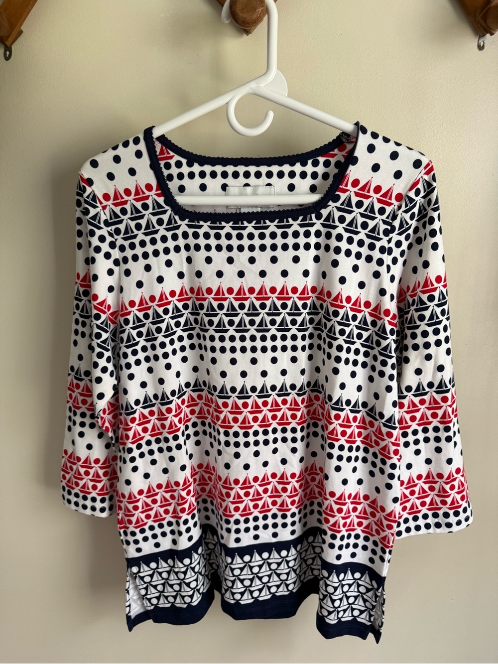 Cotton Alfred Dunner White Navy & Red Patterned Scoop Neck Long Sleeve Top